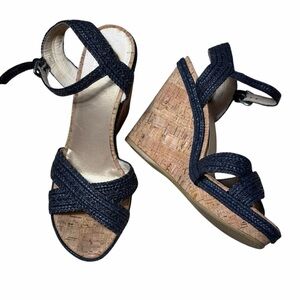Stuart Weitzman Minx Navy Blue Braided Cork Wedge Sandals Women 8
